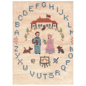 Vintage Cross Stitch Sampler Needlework On Linen Male Female